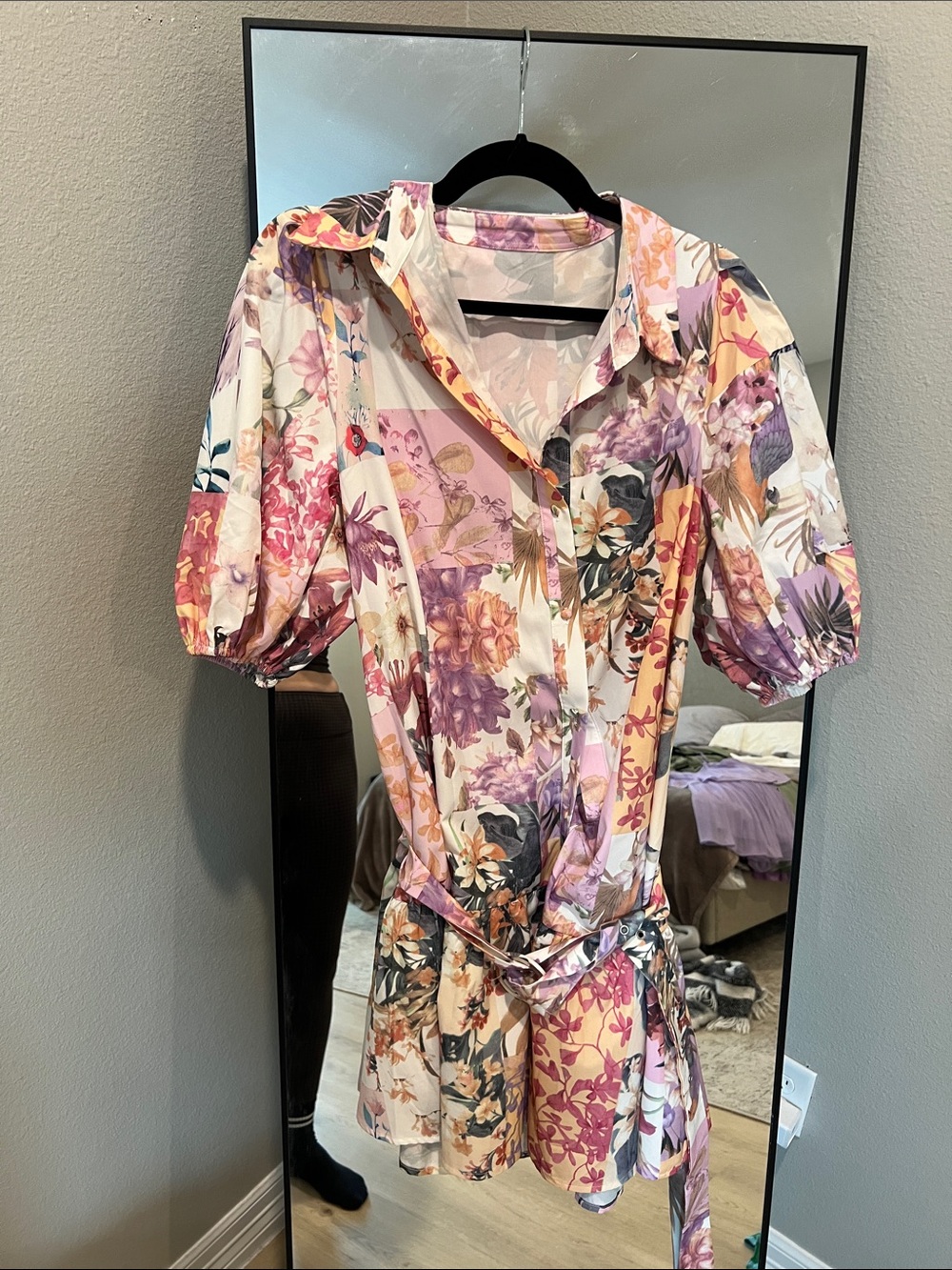 Amazon Floral Button-Front Puff Sleeve Long Dress in Pink, Purple, Cream